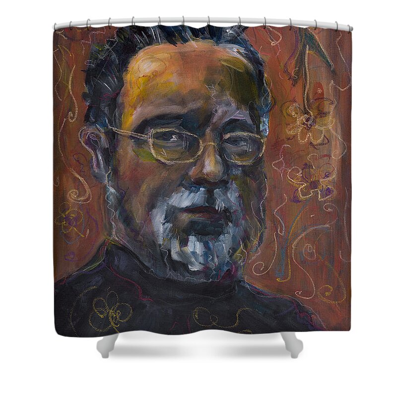 Portrait Shower Curtain featuring the painting Man with flowers-self-portrait by Maxim Komissarchik