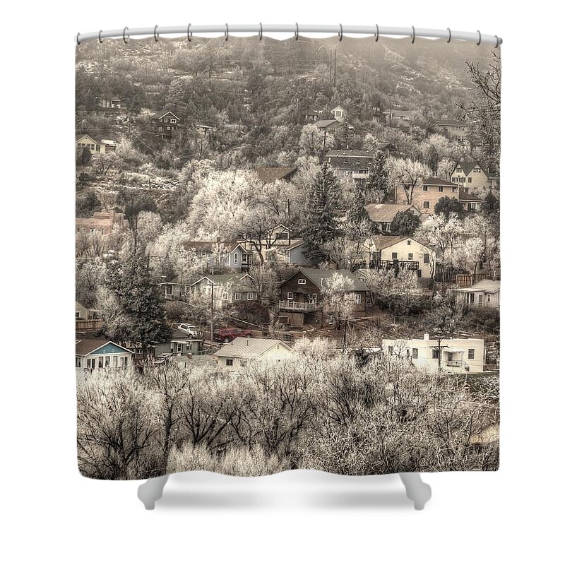 Snow Shower Curtain featuring the photograph Manitou to the South in Snow Close Up by Lanita Williams