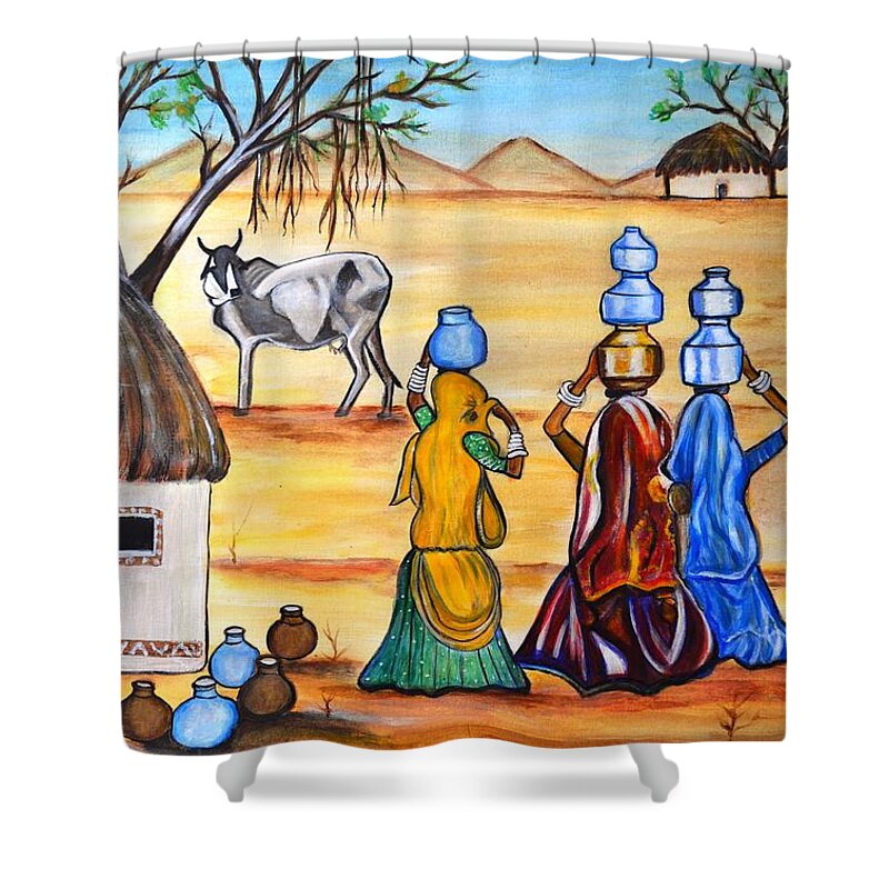 Gujrat Shower Curtain featuring the painting Manthan-Gujrat women empowermenmt by Manjiri Kanvinde