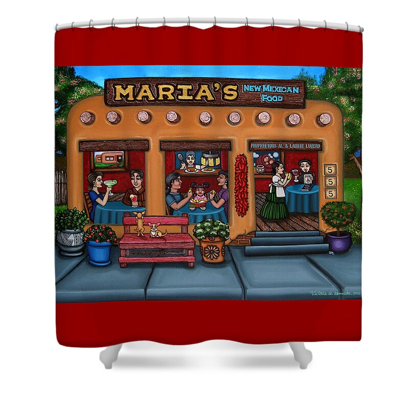 Folk Art Shower Curtain featuring the painting Maria's New Mexican Restaurant by Victoria De Almeida