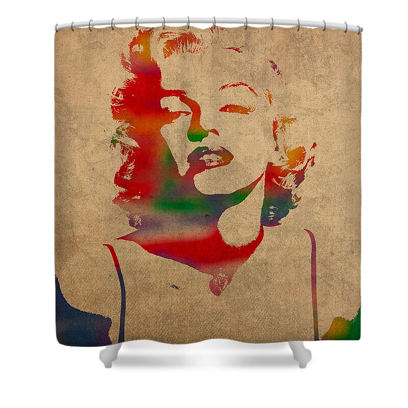 Marilyn Monroe Watercolor Portrait On Worn Distressed Canvas Shower Curtain featuring the mixed media Marilyn Monroe Watercolor Portrait on Worn Distressed Canvas by Design Turnpike
