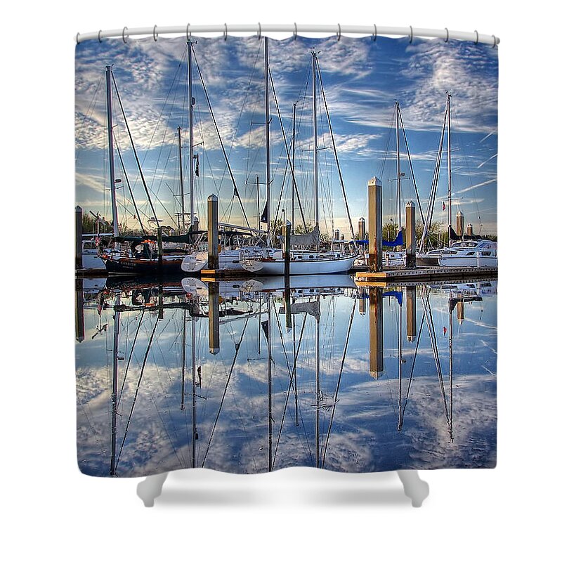 Marina Shower Curtain featuring the photograph Marina Morning Reflections by Farol Tomson
