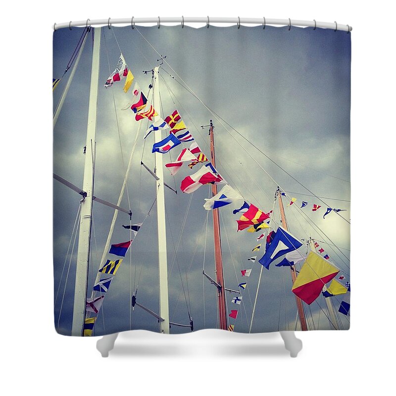 Pole Shower Curtain featuring the photograph Marine Signal Flags On Mast Against A by Jodie Griggs