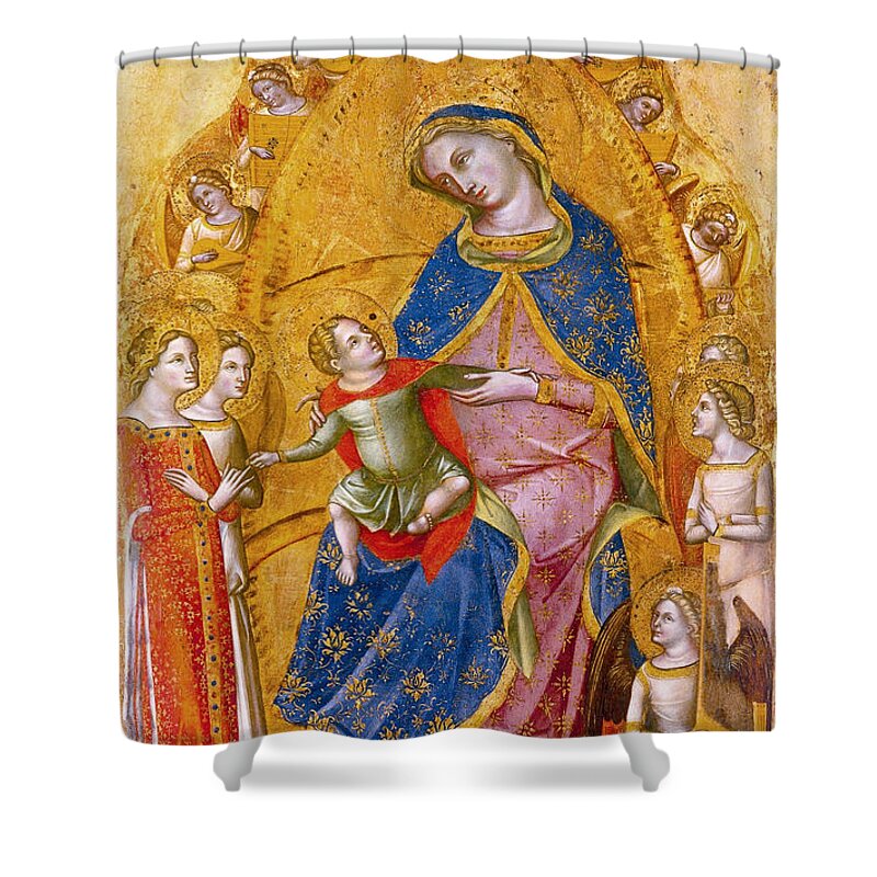 Lorenzo Veneziano Shower Curtain featuring the painting Marriage of St Catherine by Lorenzo Veneziano