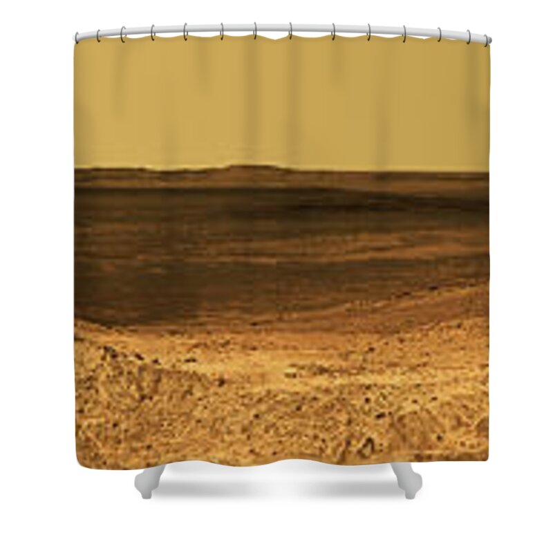 Opportunity Mars Exploration Rover Shower Curtain featuring the photograph Mars landscape panorama of Endeavour Crater by Weston Westmoreland