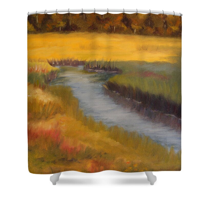 Coastal Shower Curtain featuring the painting Marsh Mellow by Jill Ciccone Pike