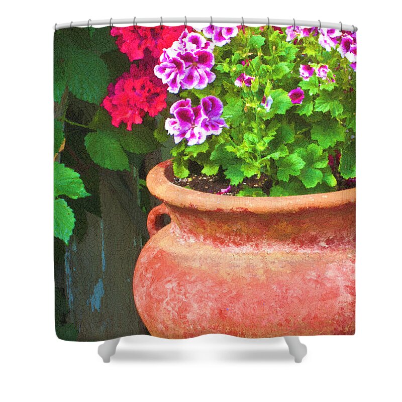 Geraniums Shower Curtain featuring the photograph Martha Washington Geraniums In Textured Clay Pot by Sandra Foster