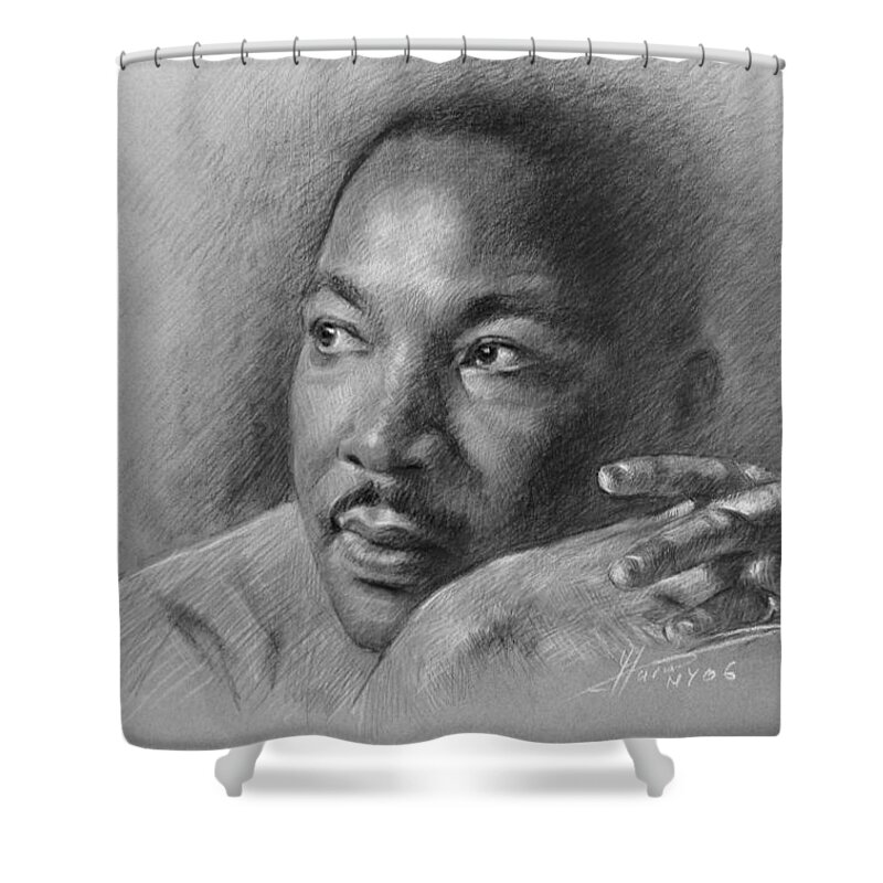 Portrait Shower Curtain featuring the drawing Martin Luther King Jr by Ylli Haruni