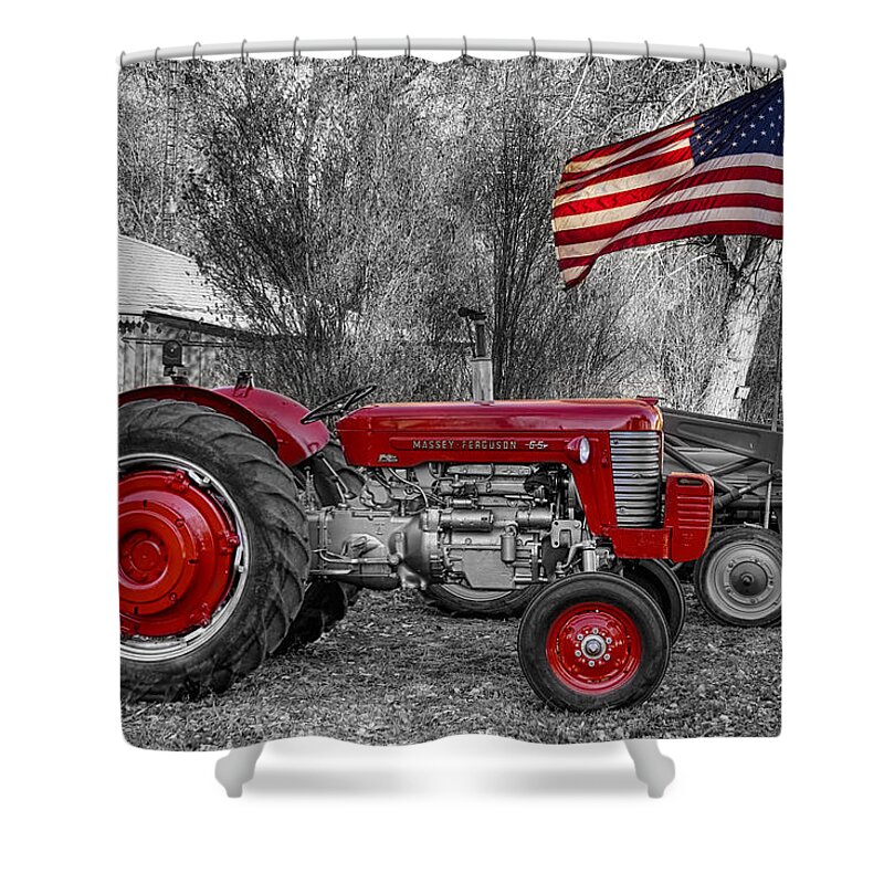 Tractor Shower Curtain featuring the photograph Massey - Feaguson 65 Tractor with USA Flag BWSC by James BO Insogna