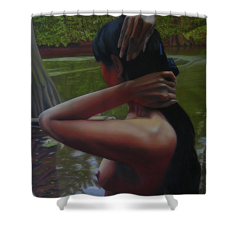 Woman Shower Curtain featuring the painting May Morning Arkansas River 6 by Thu Nguyen