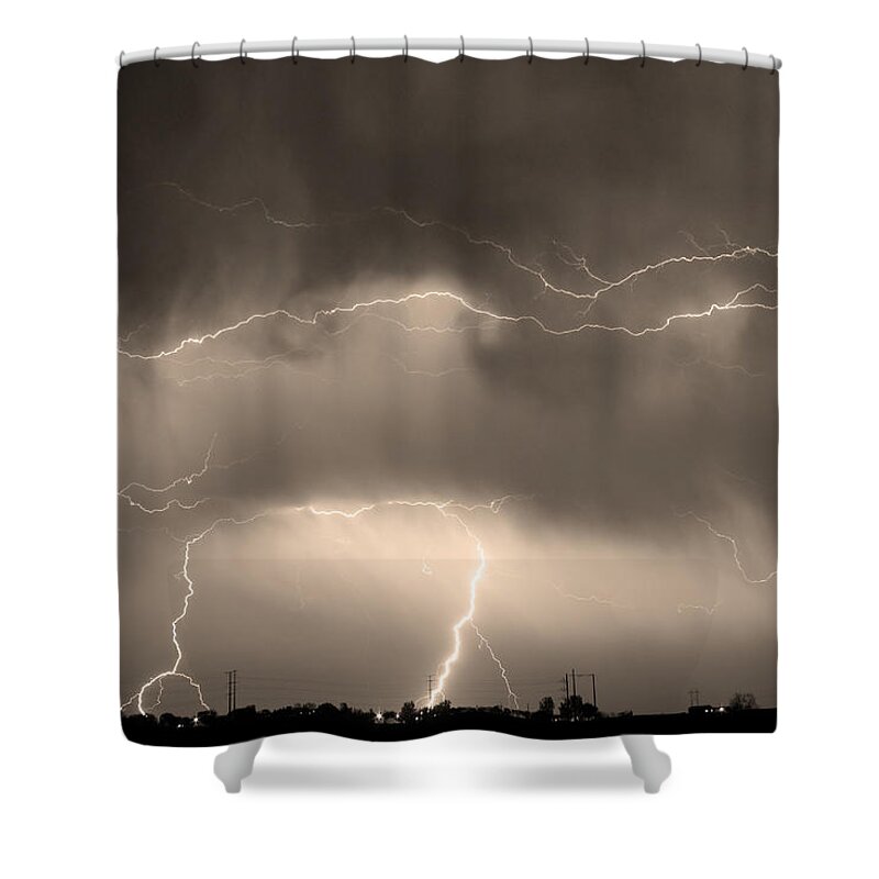  lightning Bolt Pictures Shower Curtain featuring the photograph May Showers - Lightning Thunderstorm Sepia 5-10-2011 by James BO Insogna