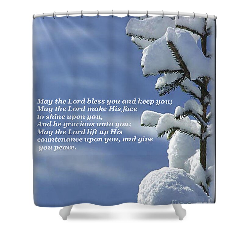 Card Shower Curtain featuring the digital art May the Lord Bless You and Keep You by Charles Robinson