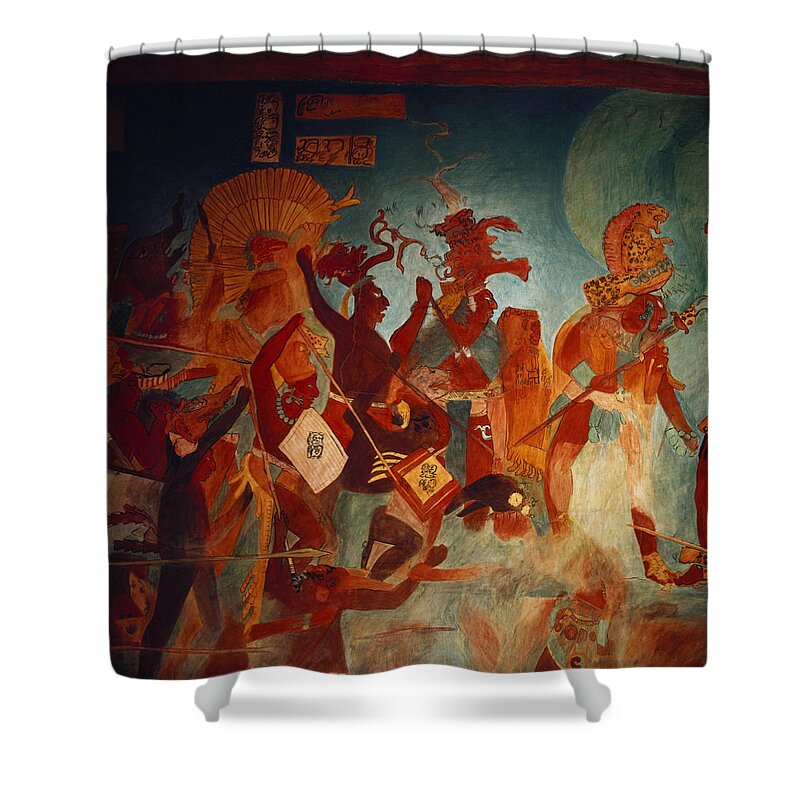 Ancient Shower Curtain featuring the painting Maya Fresco At Bonampak by George Holton