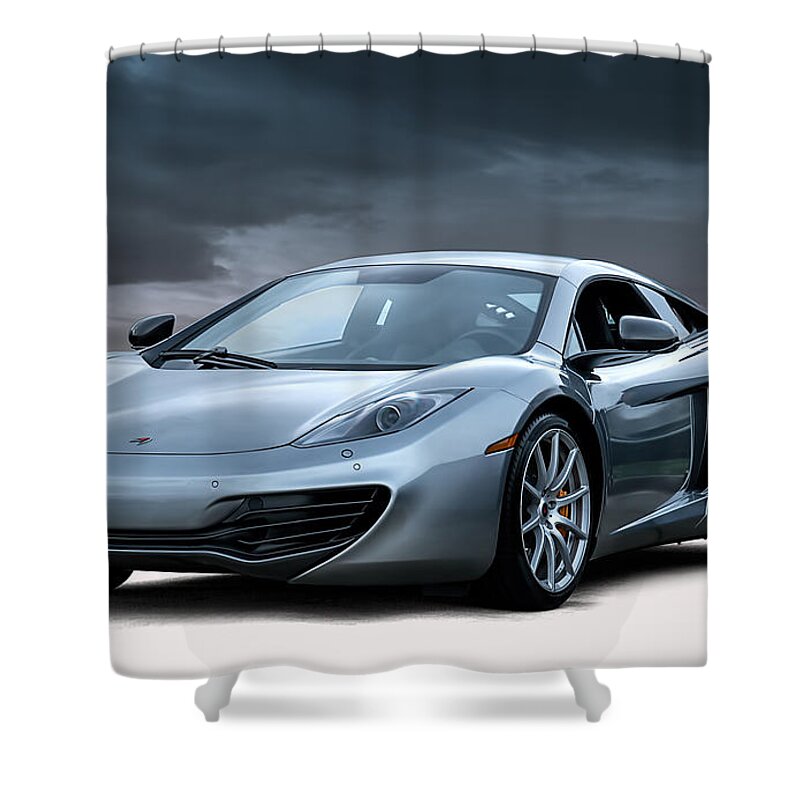 Silver Shower Curtain featuring the digital art McLaren MP4 12C by Douglas Pittman