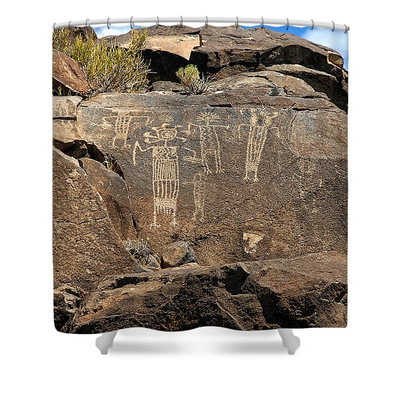 Petroglyph Shower Curtain featuring the photograph Medicine men petroglyph by John Bennett