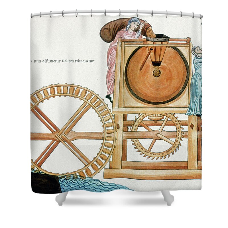 12th Century Shower Curtain featuring the drawing Medieval Water Mill by Granger