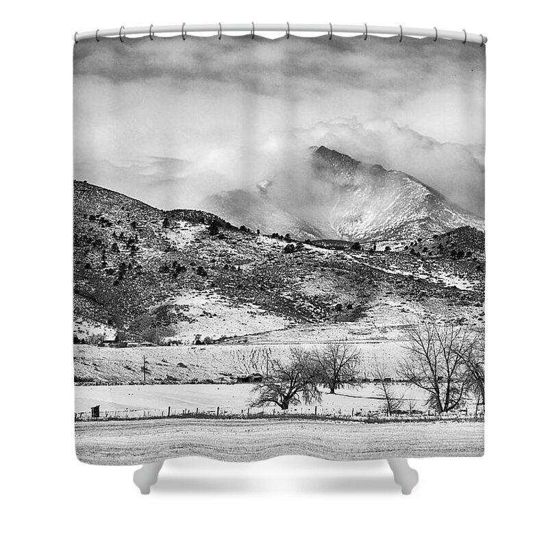 Longs Peak Shower Curtain featuring the photograph Meeker and Longs Peak in Winter Clouds BW by James BO Insogna