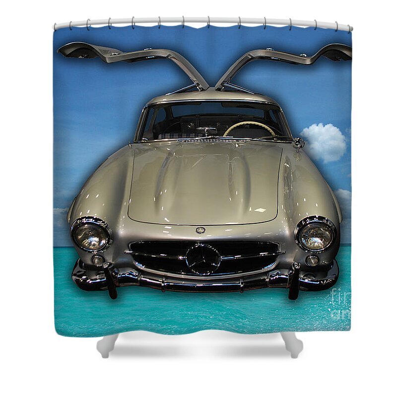 Mercedes Shower Curtain featuring the photograph Mercedes Benz Flys Over Perfect Turquoise Blue by Heather Kirk