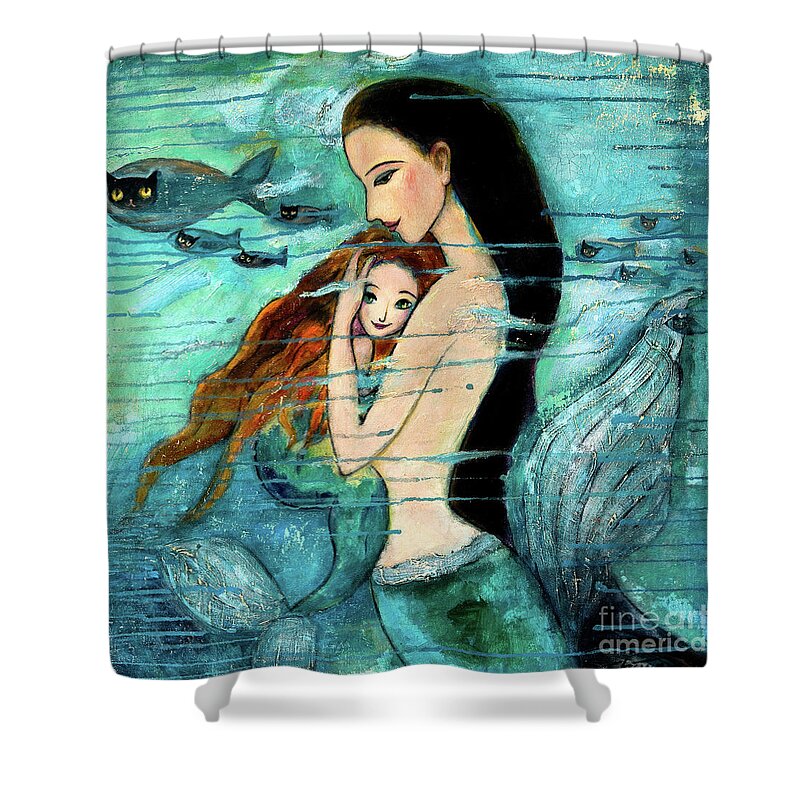 Mermaid Art Shower Curtain featuring the painting Mermaid Mother and Child by Shijun Munns
