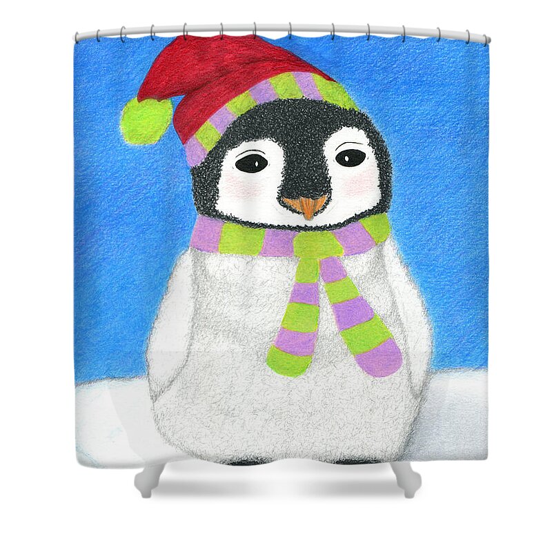 Christmas Shower Curtain featuring the drawing Merry O' Penguin by Lisa Blake