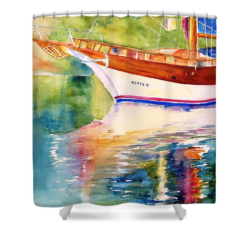 Sailboat Shower Curtain featuring the painting Merve II gulet yacht Reflections by Carlin Blahnik CarlinArtWatercolor