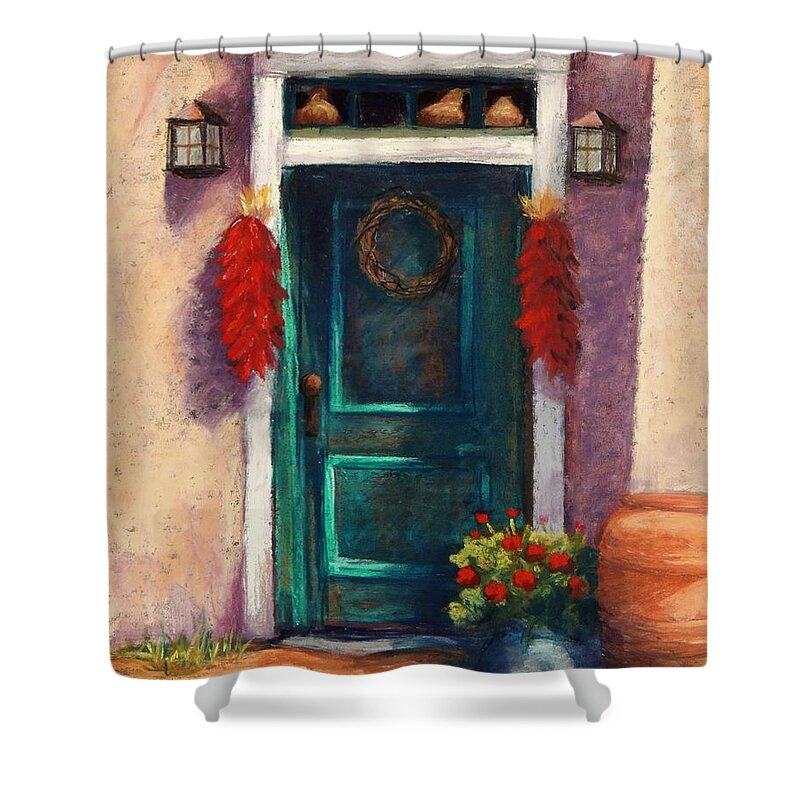 Southwest Adobe Shower Curtain featuring the pastel Mesilla Door by Candy Mayer