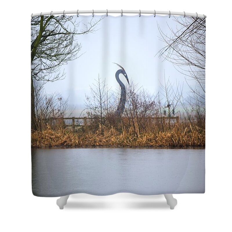 Wetlands Shower Curtain featuring the photograph Metal Heron by Spikey Mouse Photography