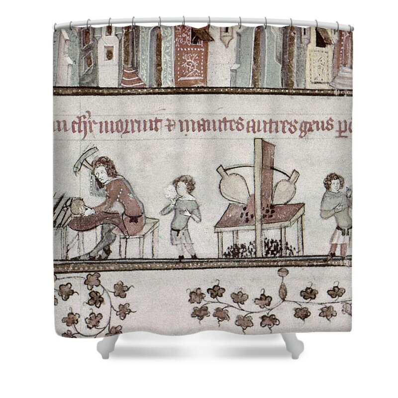 1340 Shower Curtain featuring the painting Metalworkers, 14th Century by Granger