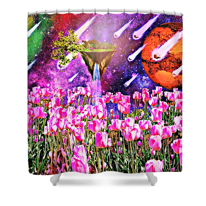 Space Shower Curtain featuring the painting Meteor Showers Bring Me Flowers by Ally White