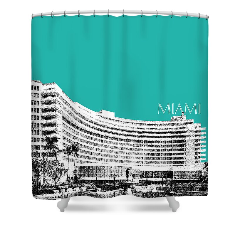 Architecture Shower Curtain featuring the digital art Miami Skyline Fontainebleau Hotel - Teal by DB Artist