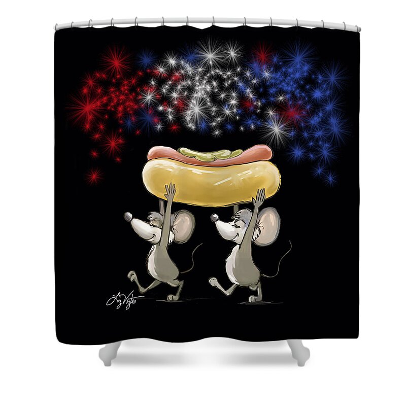 Celebration Shower Curtain featuring the digital art Mic and Mac's 4th of July Night Picnic by Liz Viztes