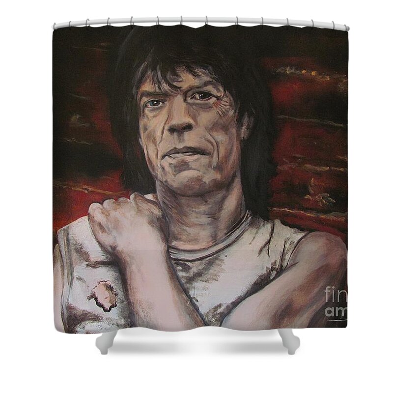 Mick Jagger Shower Curtain featuring the painting Mick Jagger - Street Fighting Man by Eric Dee