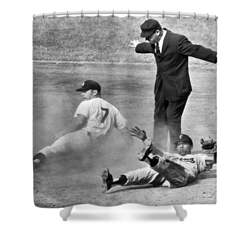 1961 Shower Curtain featuring the photograph Mickey Mantle Steals Second by Underwood Archives