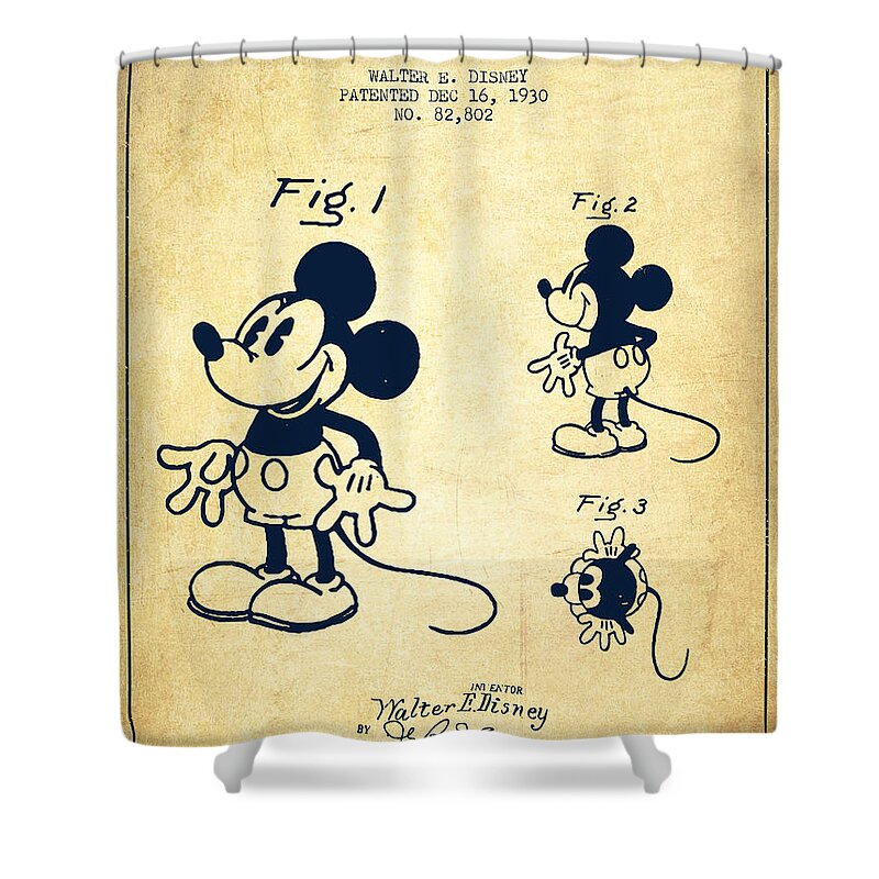 Mickey Mouse Shower Curtain featuring the digital art Mickey Mouse patent Drawing from 1930 - Vintage by Aged Pixel