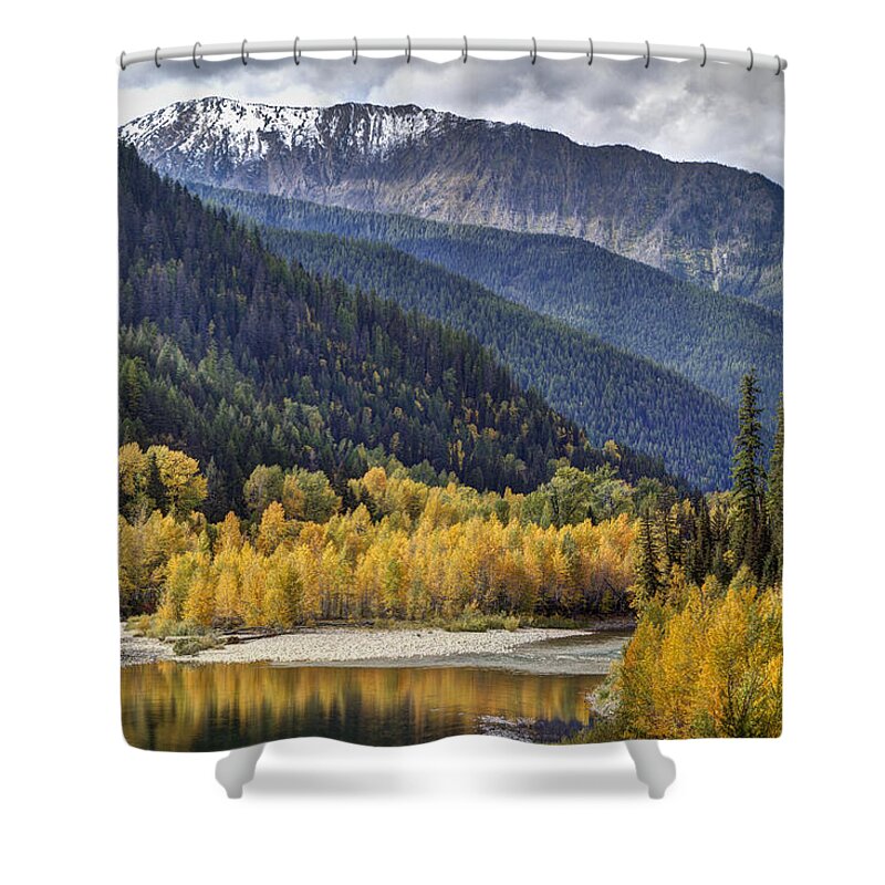 Autumn; Fall; Middle Fork Flathead River; Montana; Mountains; Nature; October; Outdoors; Reflection; River; Water; Yellow; Color; Flathead River; Landscape; Photo; Beautiful; Mark Kiver; Yellow; Sky. Forest; Trees; Aspen; Snow; Clouds Shower Curtain featuring the photograph Middle Fork Brillance by Mark Kiver