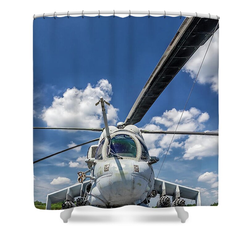 Cold War Shower Curtain featuring the photograph Military Helicopter Mi-24 by Ewg3d