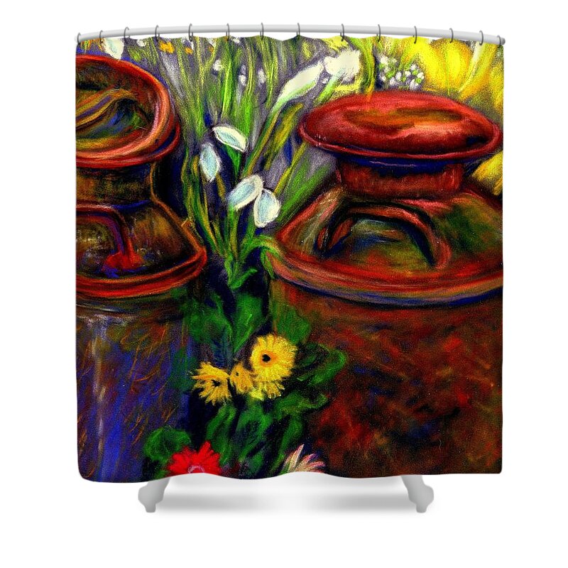 Milk Cans Shower Curtain featuring the pastel Milk Cans at Flower Show Sold by Antonia Citrino