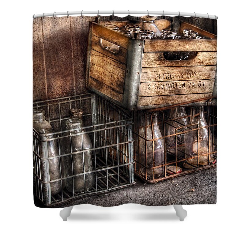 Savad Shower Curtain featuring the photograph Milkman - Bottles in Boxes by Mike Savad
