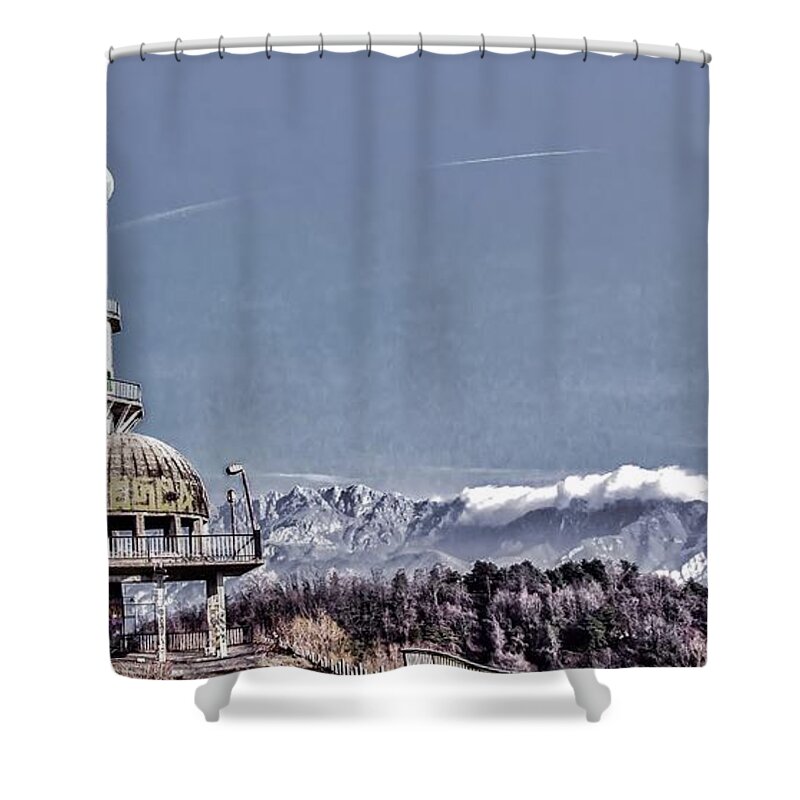 Tranquility Shower Curtain featuring the photograph Minaret And Mountains In Consonnos by David Desousa Drumond Photography