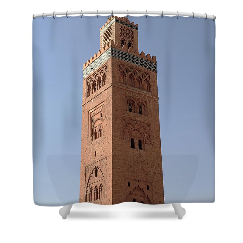 Clear Sky Shower Curtain featuring the photograph Minaret Tower Of A Marrakech Mosque by Anthony Collins