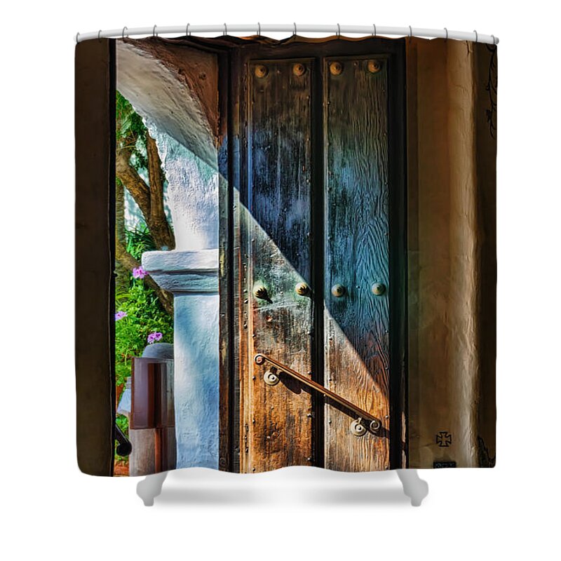 California Mission Shower Curtain featuring the photograph Mission Door by Joan Carroll