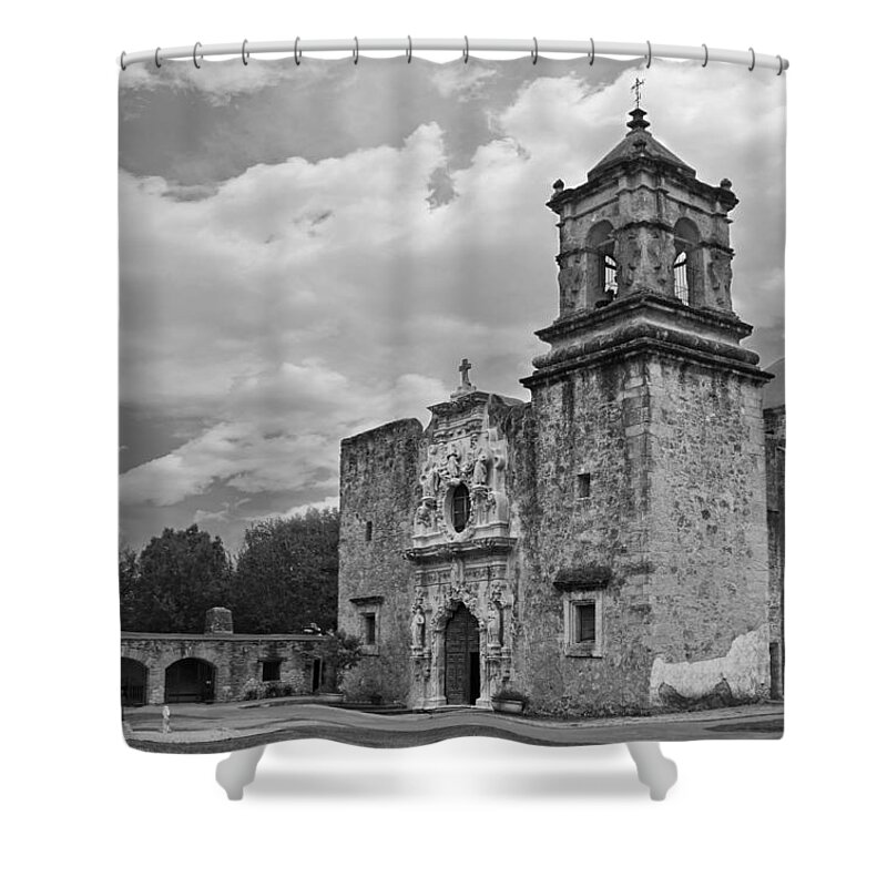 Mission San Jose Bw Shower Curtain featuring the photograph Mission San Jose BW by Jemmy Archer