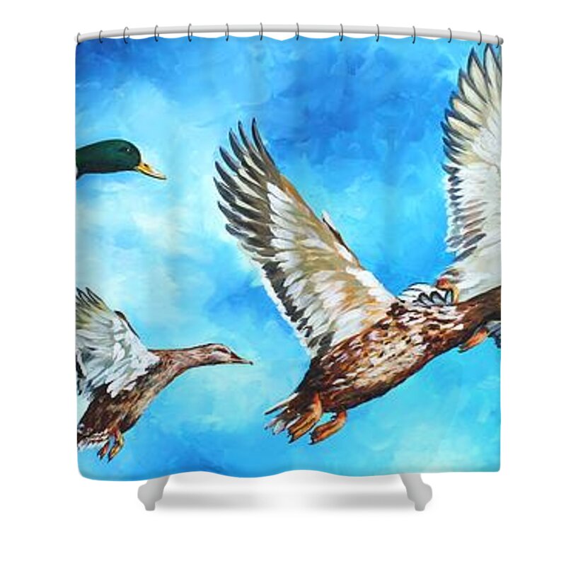 Mallards Shower Curtain featuring the painting Mississippi Mallards in Flight by Karl Wagner