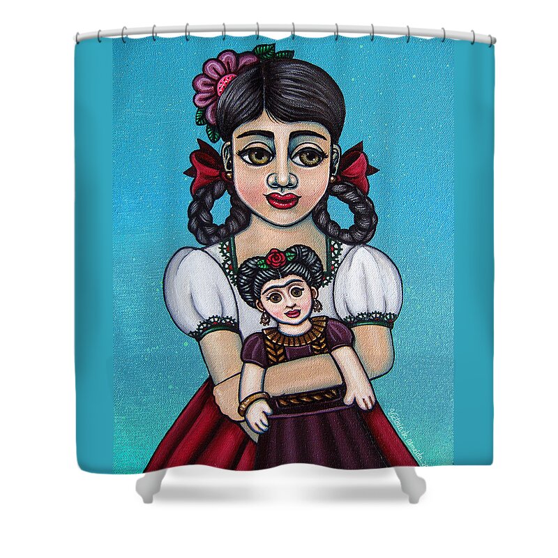 Frida Shower Curtain featuring the painting Missy Holding Frida by Victoria De Almeida