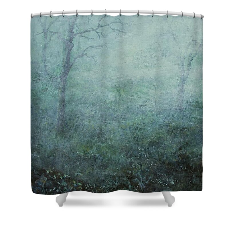 Painting Shower Curtain featuring the painting Mist on the Meadow by Mary Wolf
