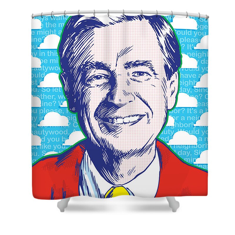 Art Print Digital Neighborhood Trolley Pbs Tv Childrens Room Mister Fred Rogers Rodgers Pittsburgh Make Believe Puppets Cardigan Sneakers Illustration Mr. Rogers Mr Rogers Mr Rodgers Pop Art Shower Curtain featuring the digital art Mister Rogers Pop Art by Jim Zahniser