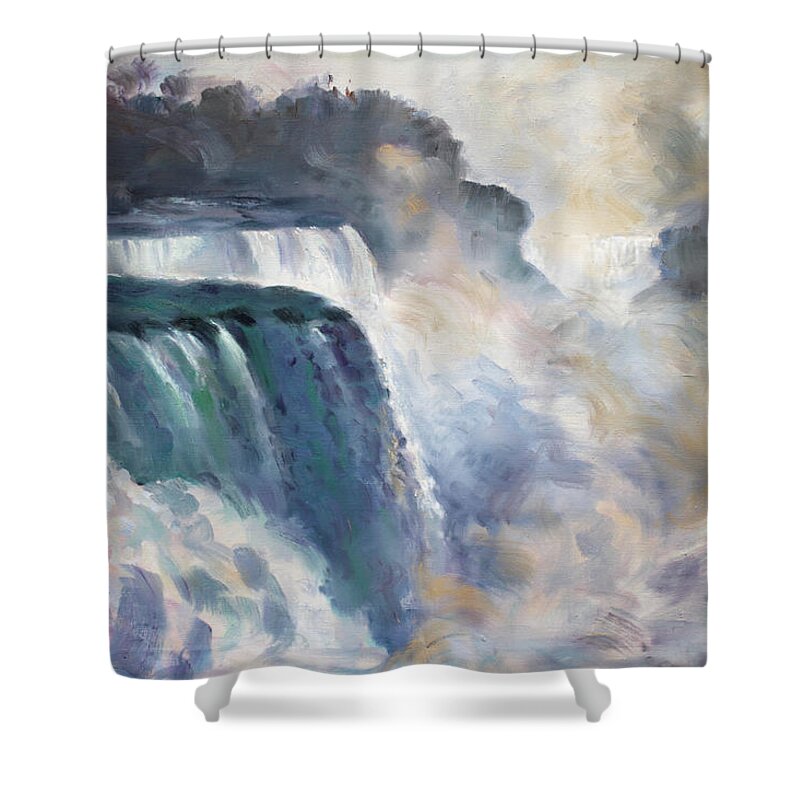 Niagara Falls Shower Curtain featuring the painting Misty Niagara Falls by Ylli Haruni