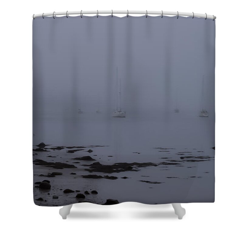 Sailboats In Fog Shower Curtain featuring the photograph Misty sails upon the water by Jeff Folger