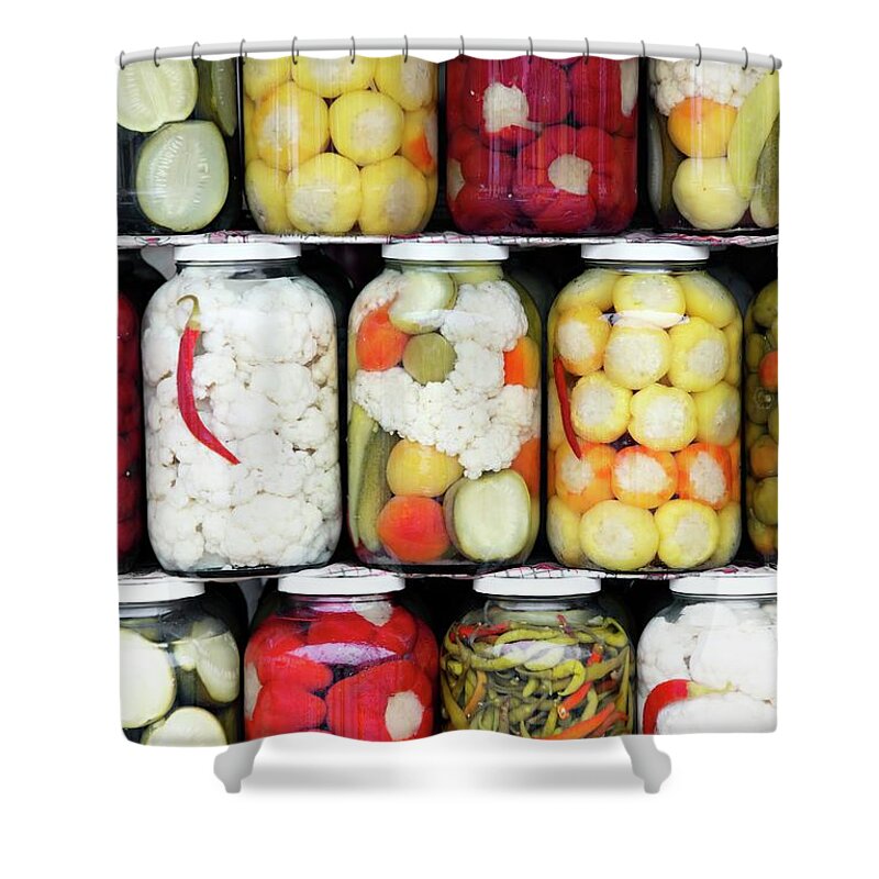Pickled Shower Curtain featuring the photograph Mixed Pickles Sibiu Christmas Market by Paul Biris