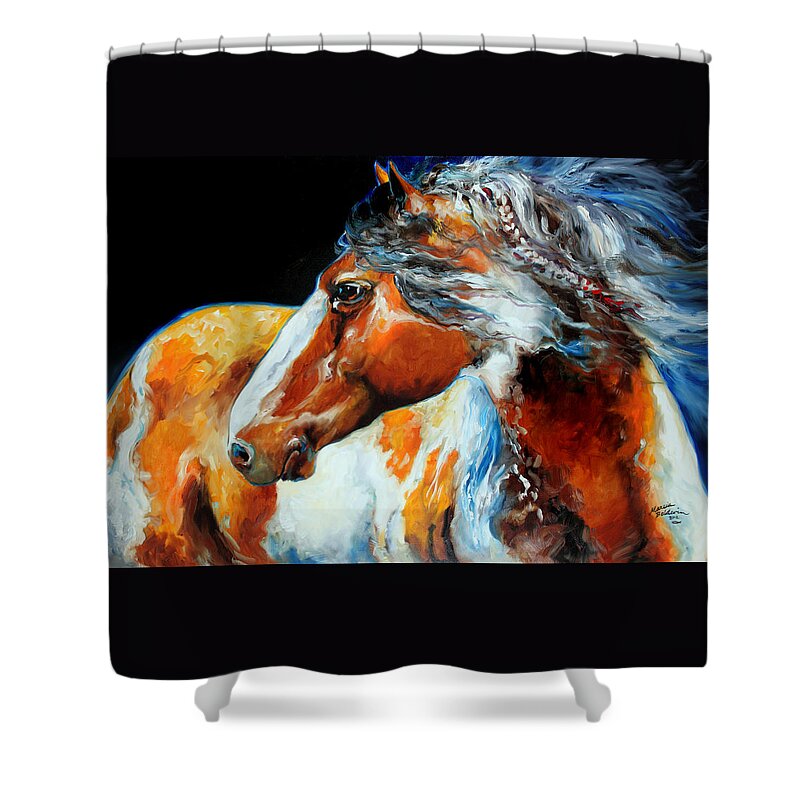 Horse Shower Curtain featuring the painting MOHICAN the INDIAN WAR PONY by Marcia Baldwin